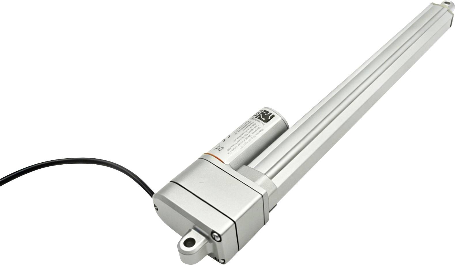 Elektrische lineaire actuator met verlengde zilveren staaf en aangesloten zwarte stroomkabel op witte achtergrond.