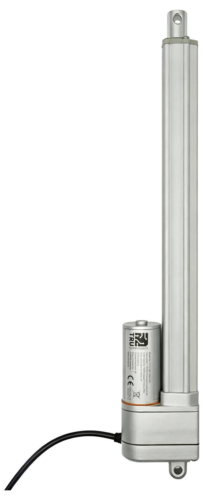 Compacte elektrische lineaire actuator met geïntegreerde motor en voedingskabel, verticaal afgebeeld op een witte achtergrond.