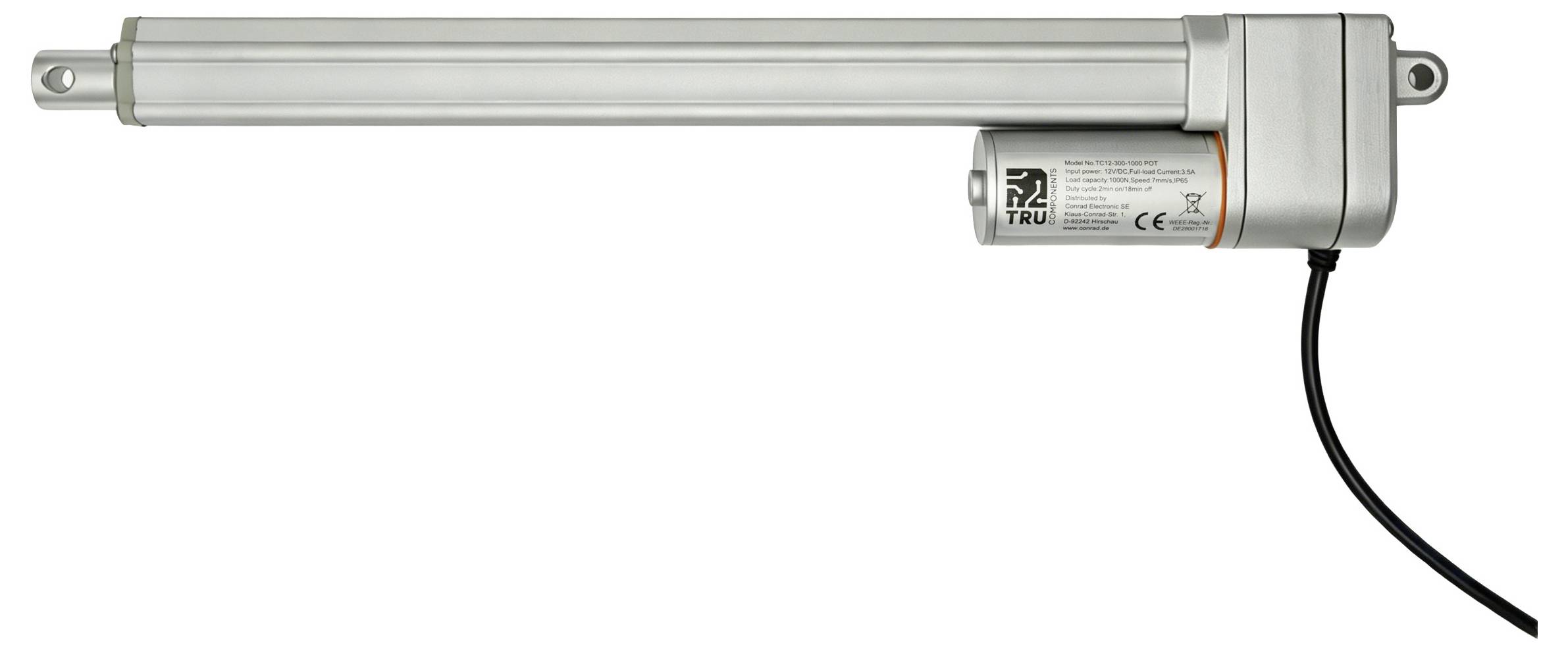Elektrische lineaire actuator met verlengde zilveren zuigerstang en aangebrachte zwarte voedingskabel op een witte achtergrond.