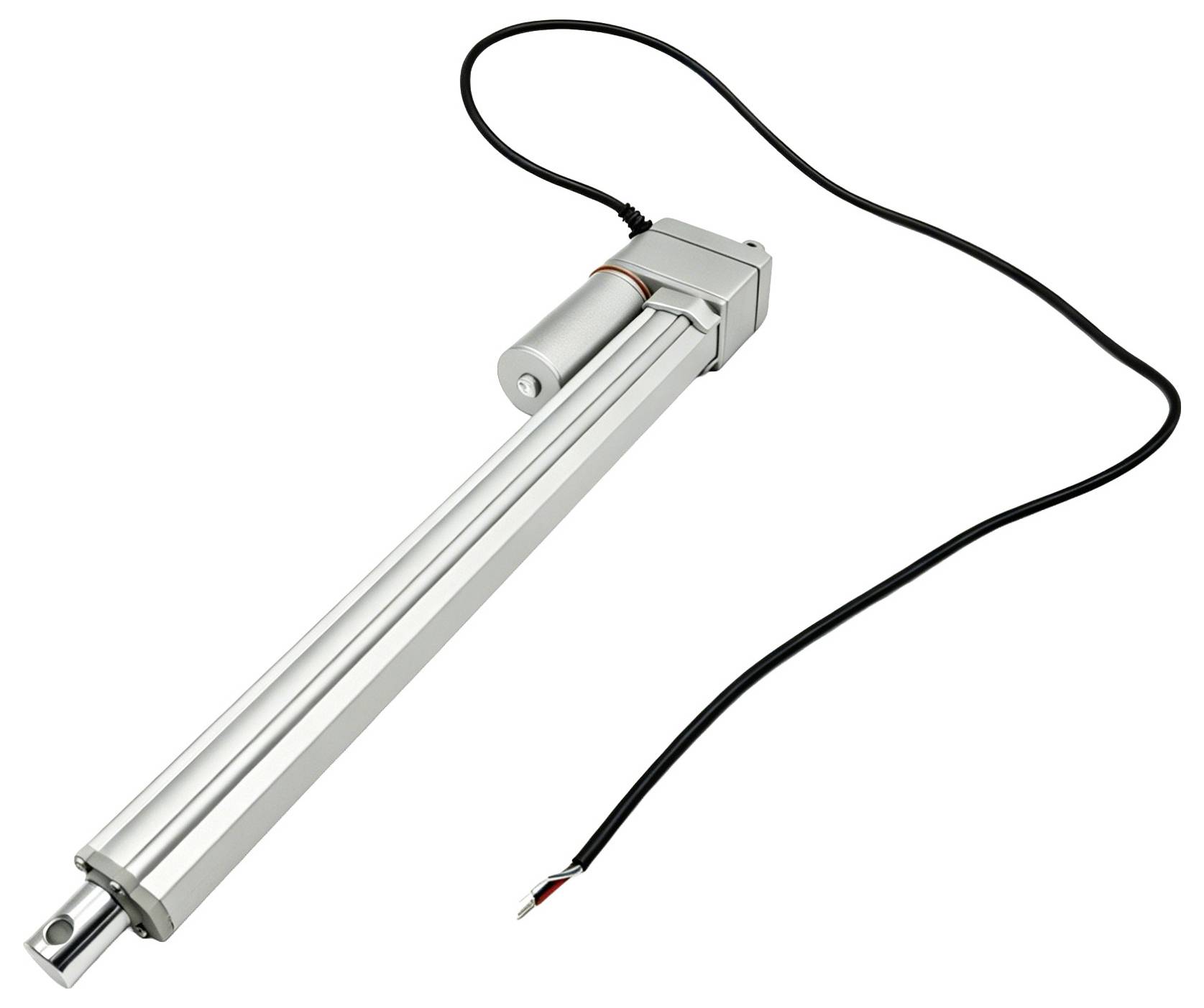 Elektrische lineaire actuator met aangesloten voedingskabel en montagekoppen op een witte achtergrond.