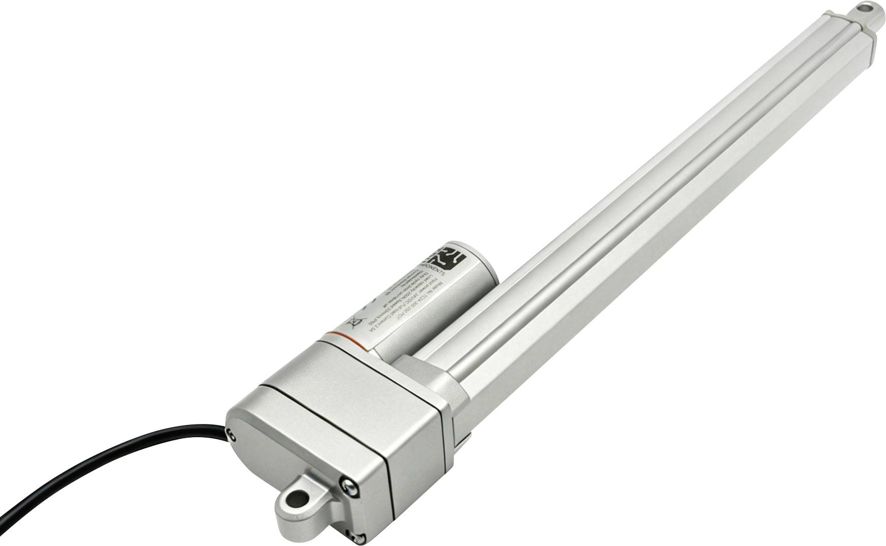 Zilveren lineaire actuator met twee parallelle uitschuifbare armen en een zwarte voedingskabel, weergegeven op een witte achtergrond.