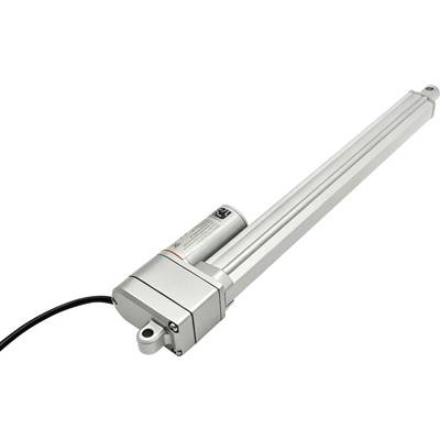 Zilveren lineaire actuator met twee parallelle uitschuifbare armen en een zwarte voedingskabel, weergegeven op een witte achtergrond.