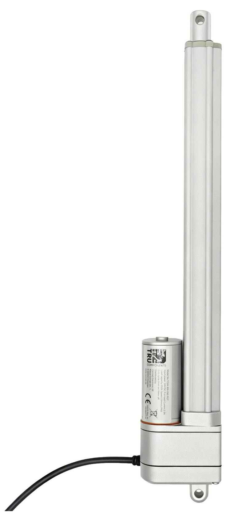 Elektrische lineaire actuator met bijgevoegde bedieningsmodule en stroomkabel, verticaal op een witte achtergrond weergegeven.