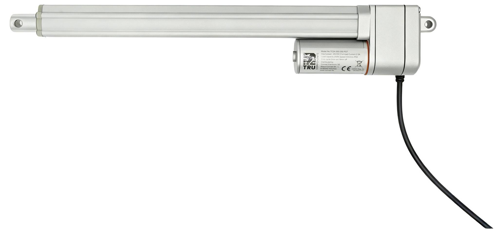 Elektrische lineaire actuator met verlengde zilveren staaf en aangesloten zwarte stroomkabel op een witte achtergrond.