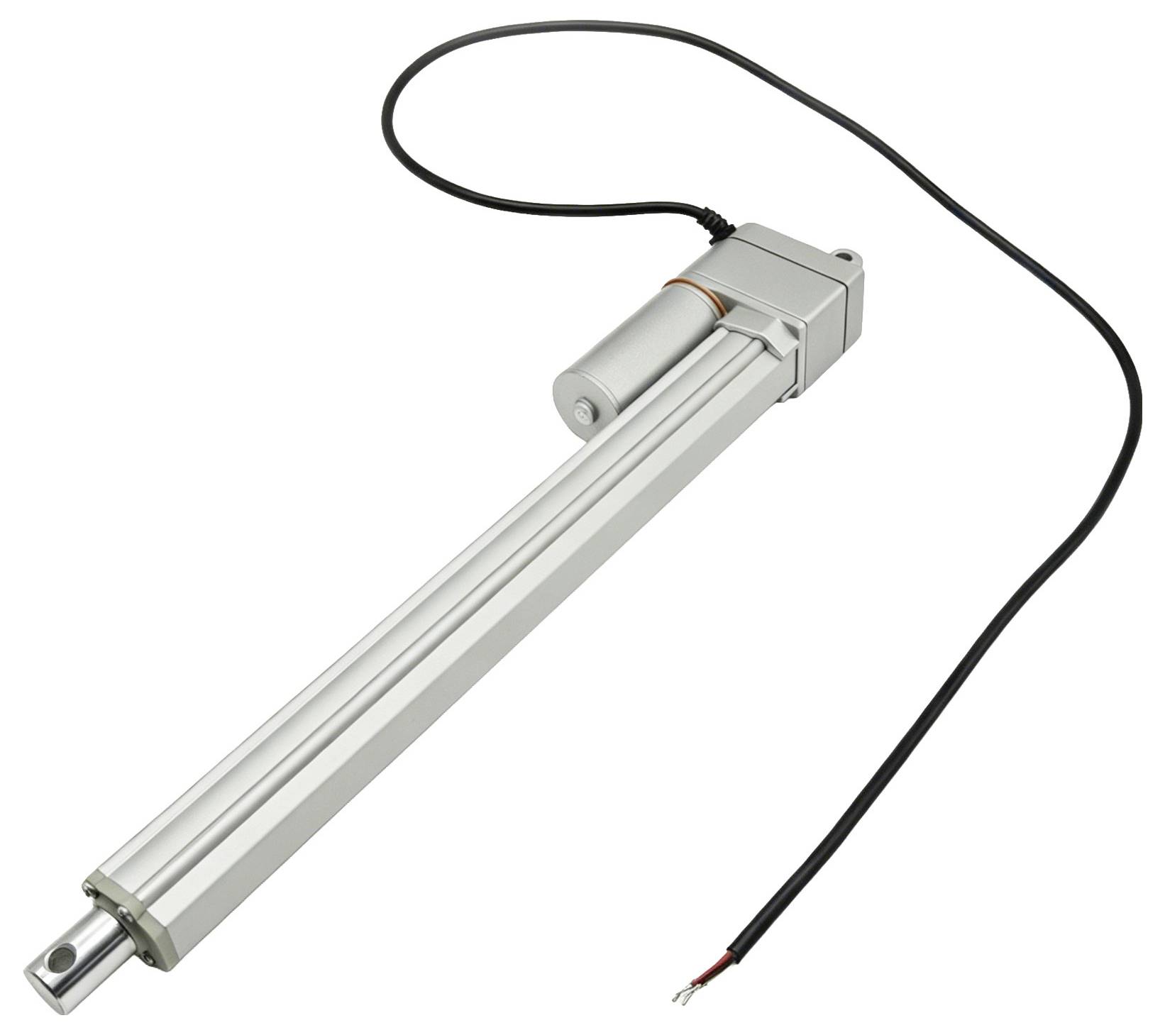 Zilveren lineaire actuator met aangesloten zwarte stroomkabel en montagelus, weergegeven op een witte achtergrond.
