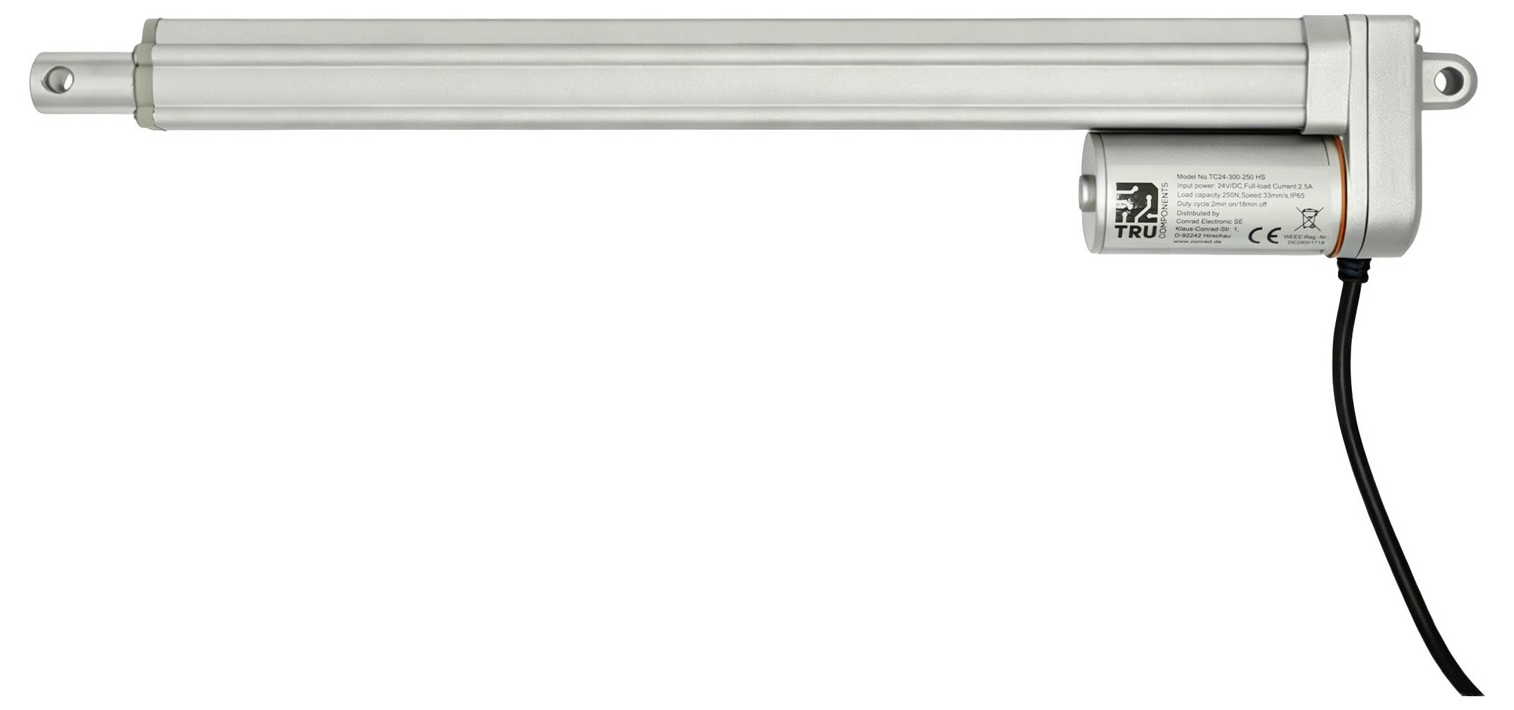 Elektrische lineaire actuator met verlengde zilveren schacht, montagebeugels en aangesloten voedingskabel op een witte achtergrond