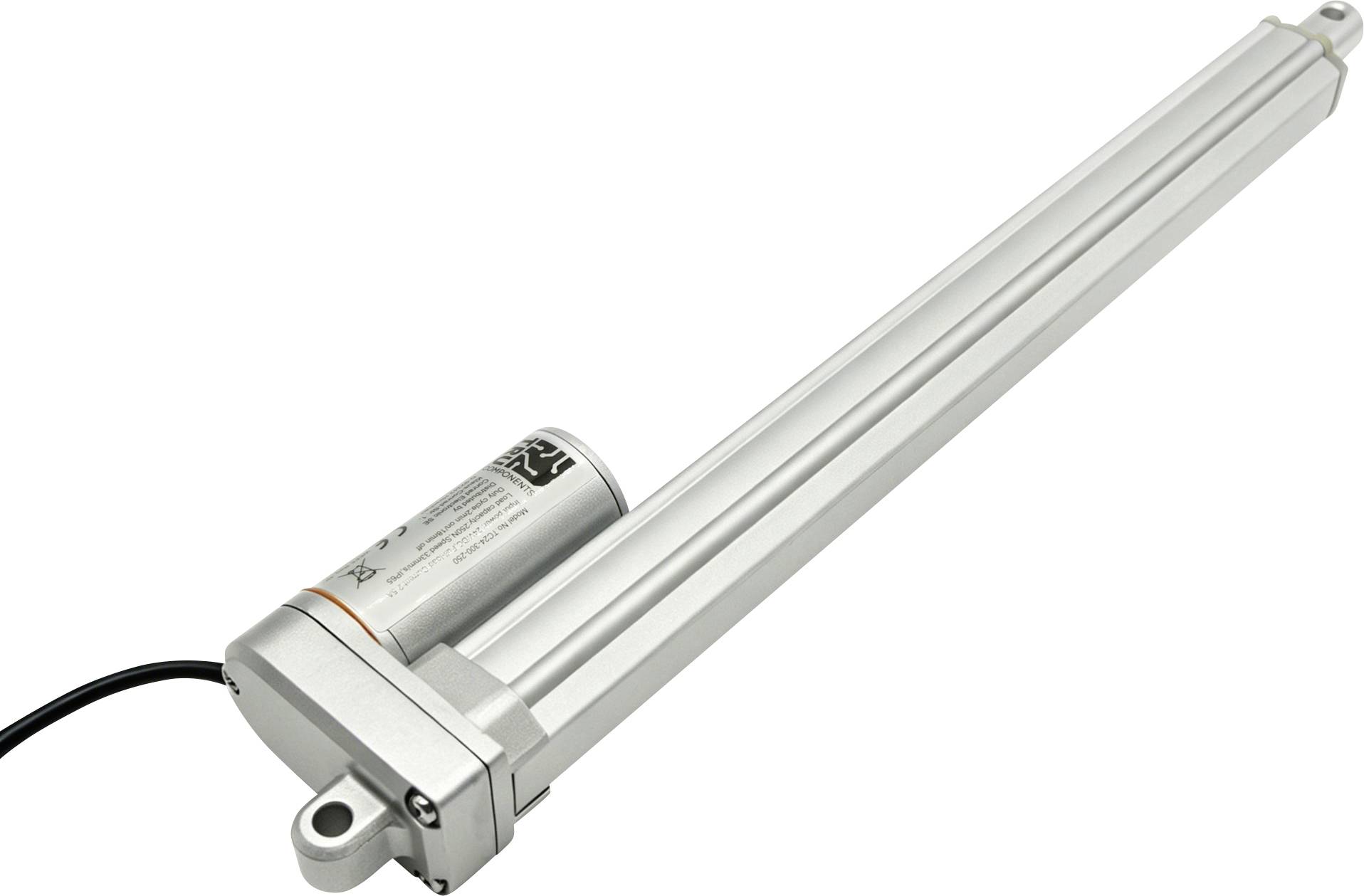 Zilveren elektrische lineaire actuator met twee uitgebreide rails en een zwarte voedingskabel, weergegeven op een witte achtergrond.