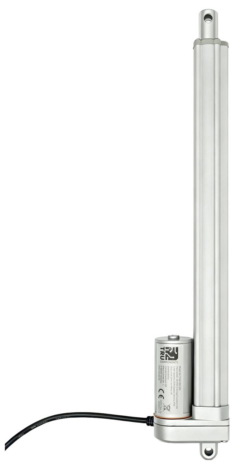 Een zilveren lineaire actuator met een kleine bijgesloten motor en zwarte voedingskabel, verticaal weergegeven op een witte achtergrond.