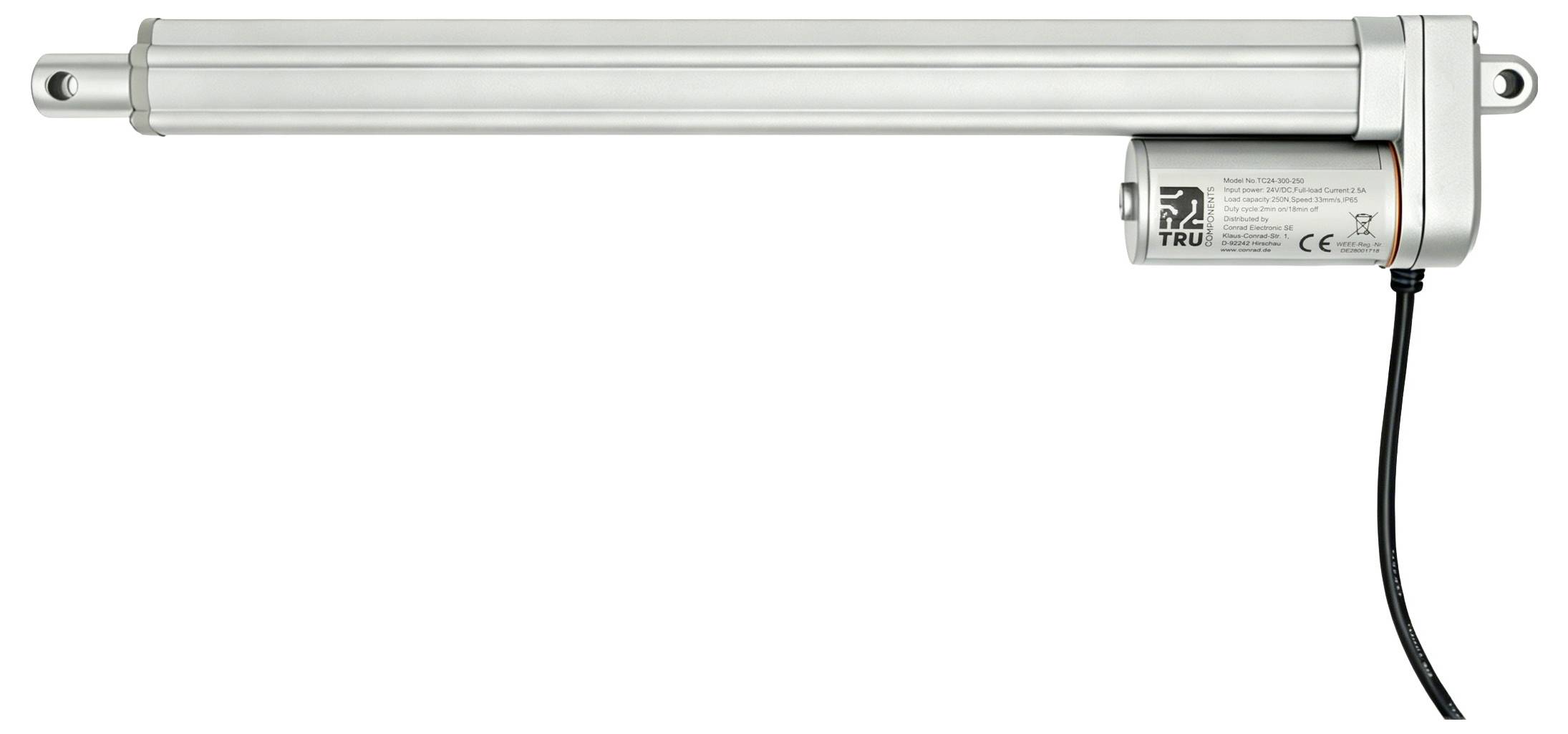 Elektrische lineaire actuator met een zilveren telescopische staaf en zwarte voedingskabel op een witte achtergrond.