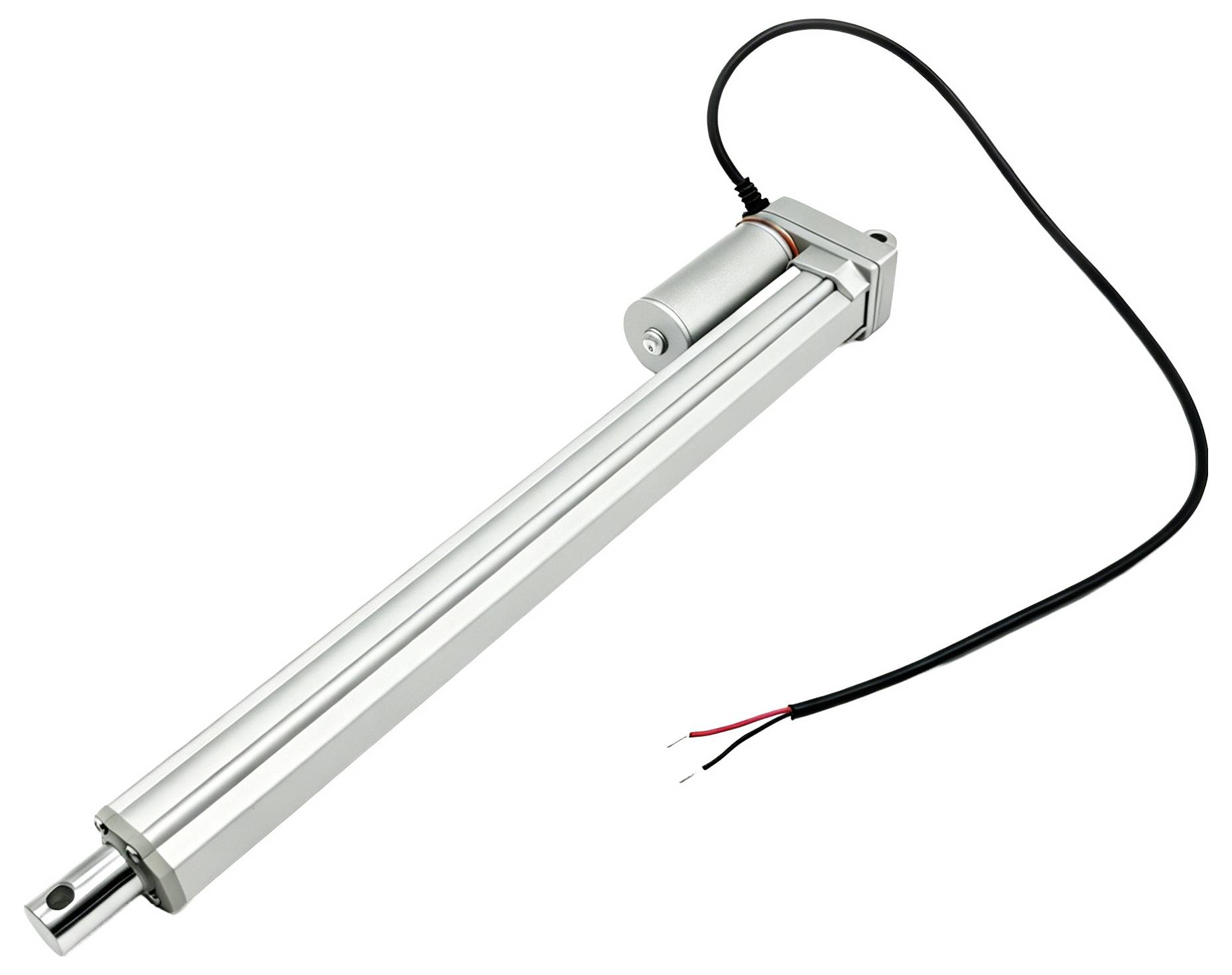 Zilveren elektrische lineaire actuator met uitschuifbare stang, montagebeugel en aangesloten zwarte voedingskabel met blootgestelde rode en zwarte draden.