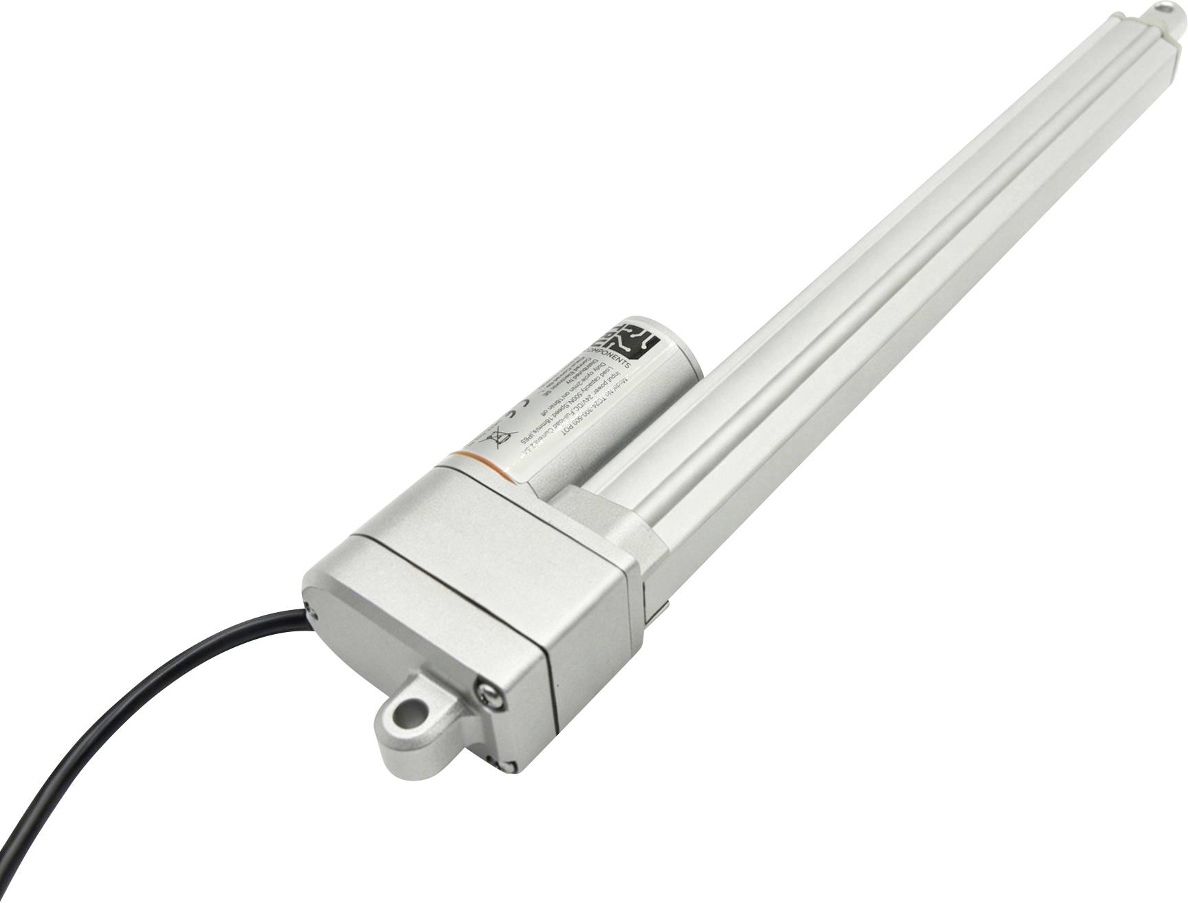 Elektrische lineaire actuator met een zwarte voedingskabel en uitgebreide dubbele actuatorstangen op een witte achtergrond.