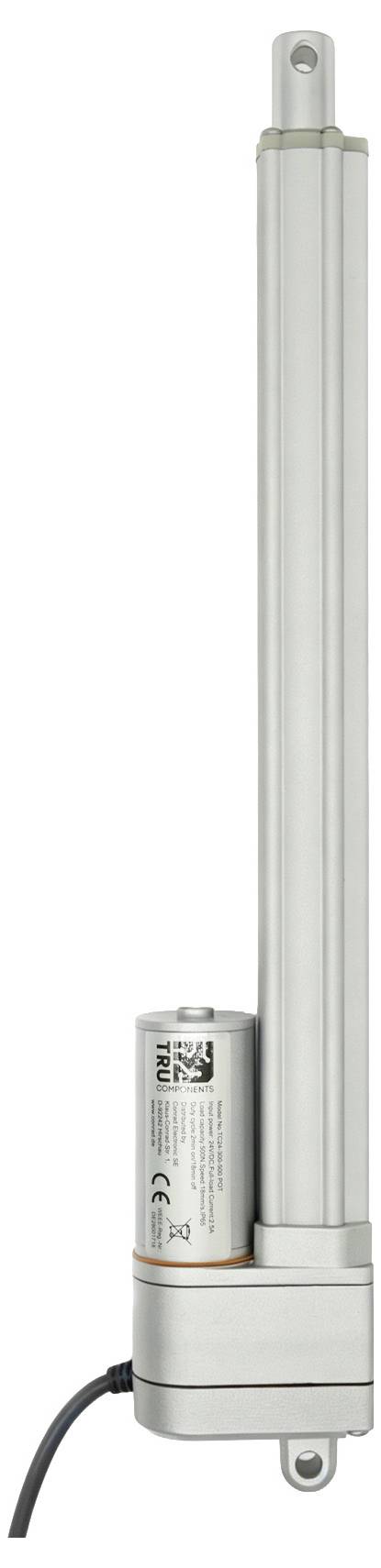 Zilveren elektrische lineaire actuator met cilindrisch motorlichaam en aangesloten stroomkabel, weergegeven op een witte achtergrond.