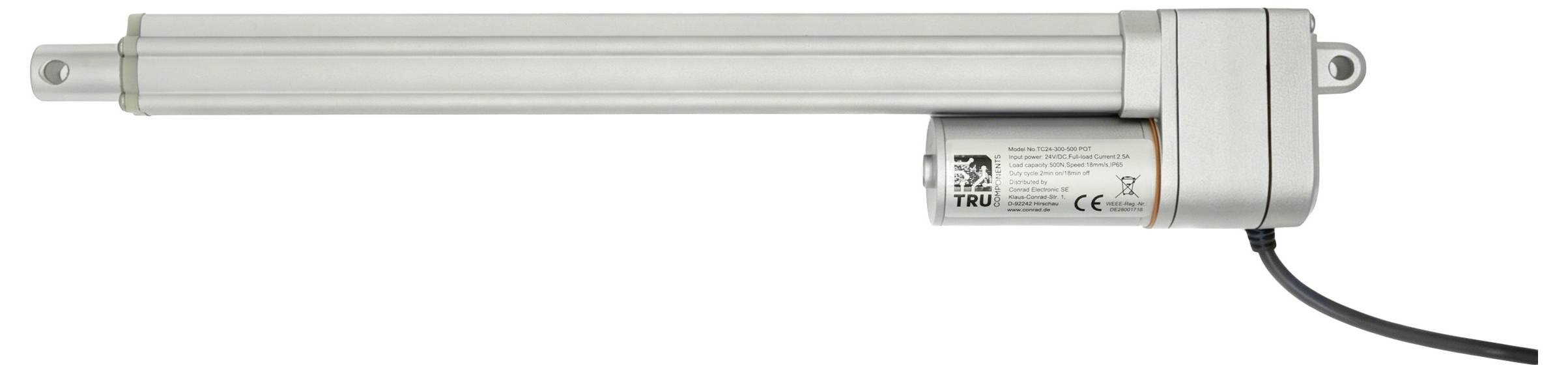 Elektrische lineaire actuator met een zilveren telescopische stang, wit motorhuis en bijgevoegde stroomkabel op een effen achtergrond.