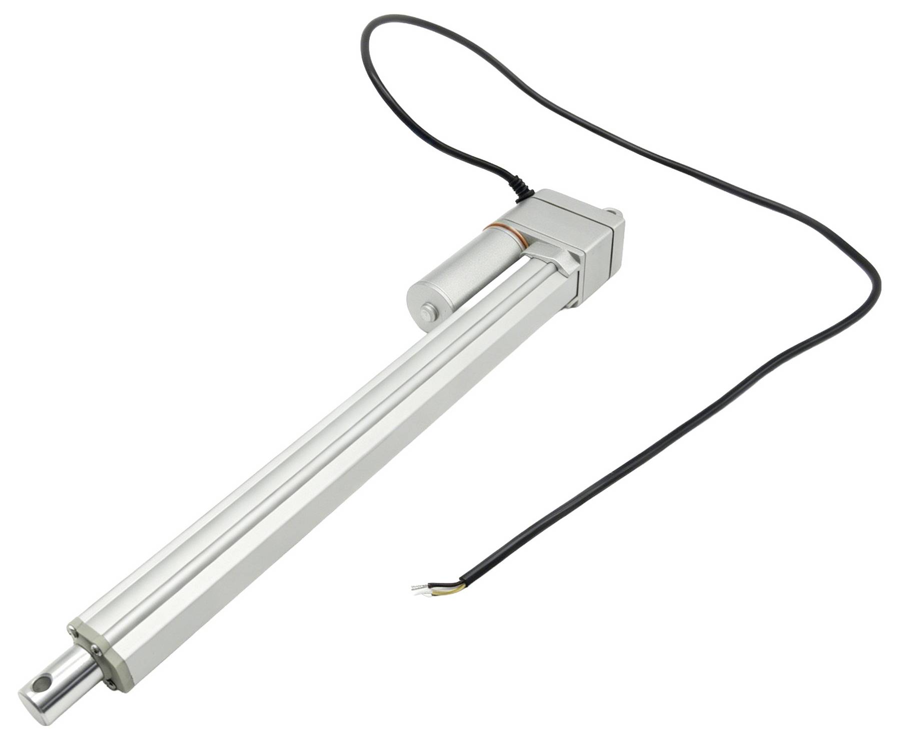 Zilveren lineaire actuatormotor met bijgevoegde zwarte voedingskabel op een witte achtergrond.