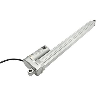 Een zilveren lineaire actuator met een aansluitende zwarte stroomkabel, diagonaal getoond op een witte achtergrond.