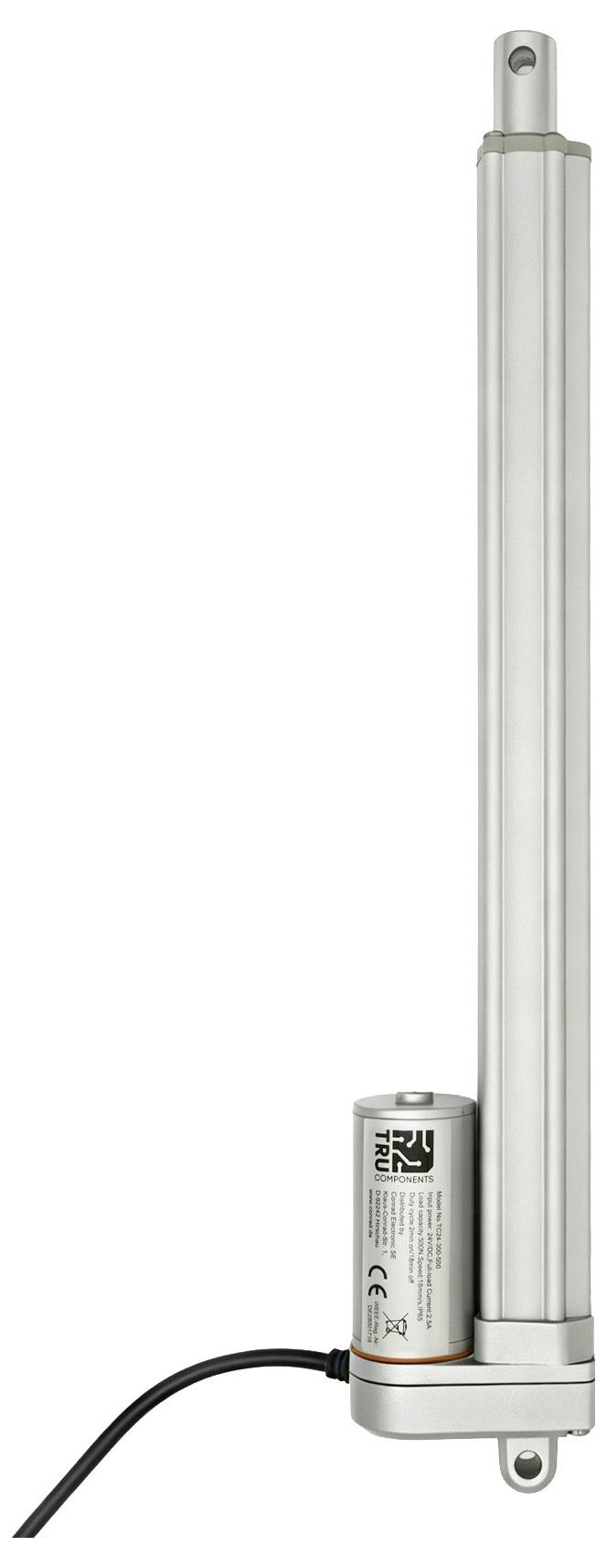 Zilveren elektrische lineaire actuator met een verbonden batterijpakket, weergegeven rechtopstaand met een aangesloten netsnoer.
