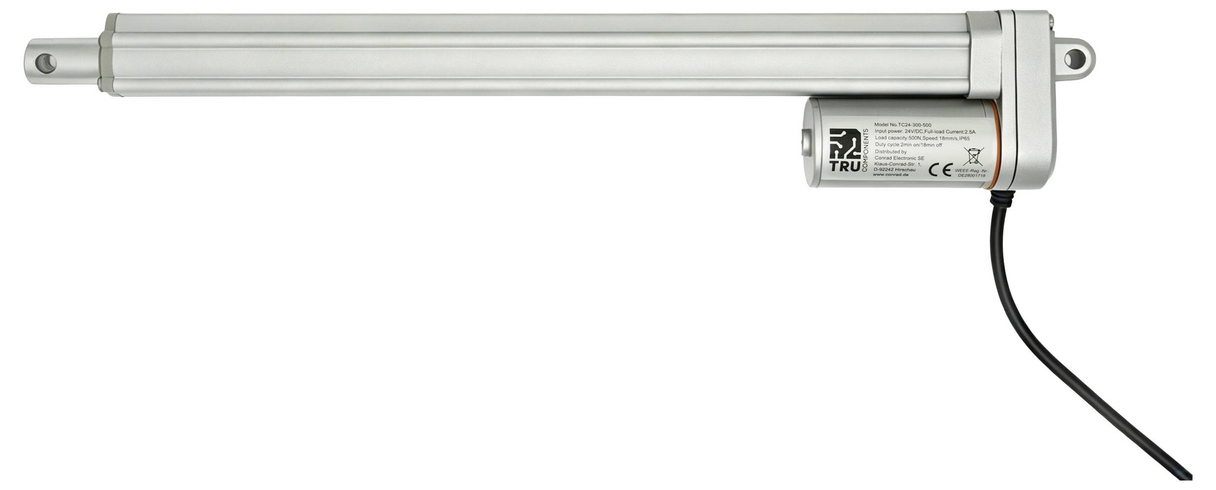 Zilveren elektrische lineaire actuator met verlengde as en bijgevoegde stromaansluitingskabel, weergegeven op een witte achtergrond.