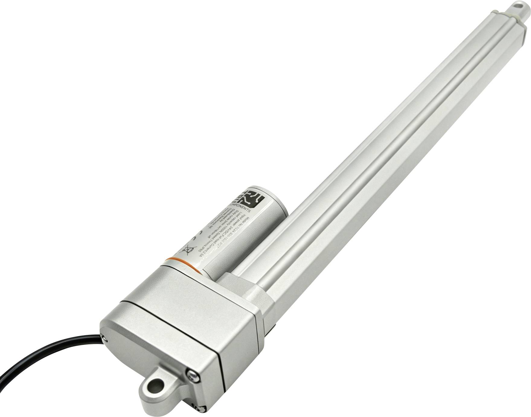Zilveren lineaire actuator met lange uitgestrekte staaf en bijgevoegde zwarte stroomkabel op een witte achtergrond
