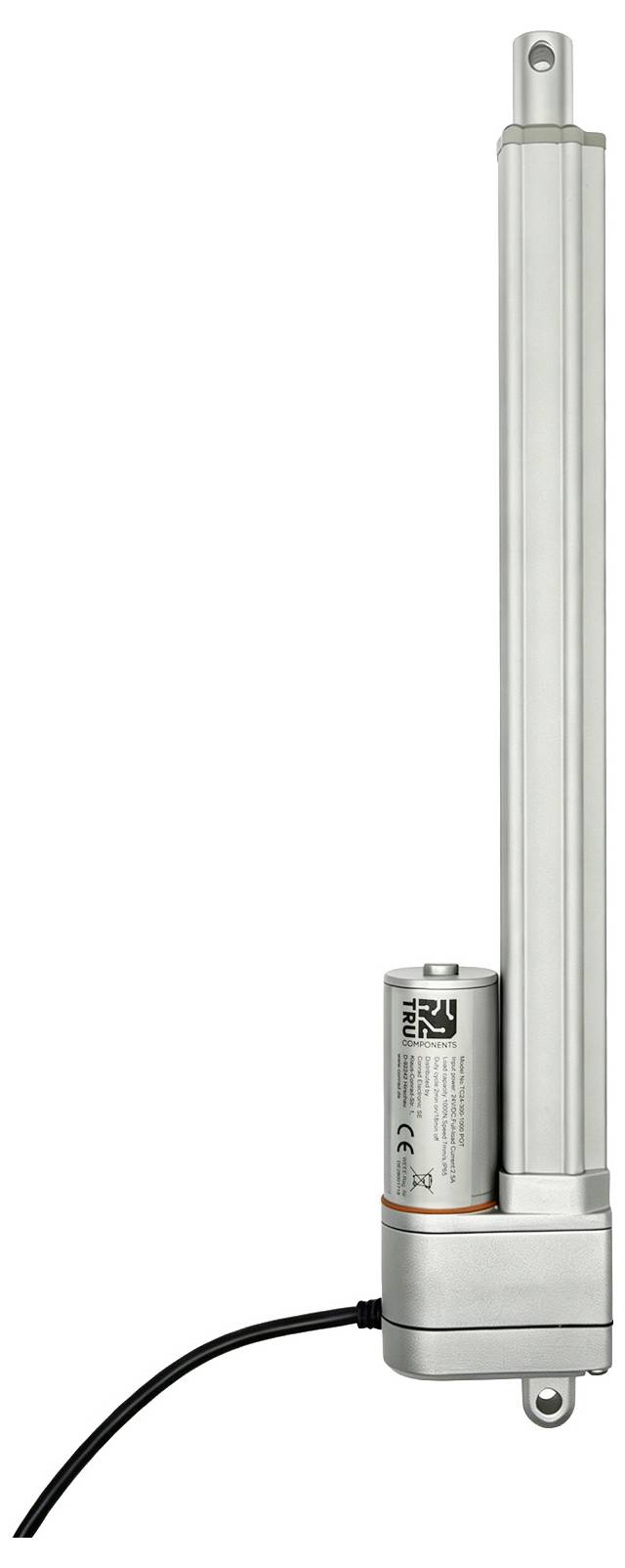 Zilveren elektrische lineaire actuator met zwarte voedingskabel, rechtop weergegeven op een witte achtergrond.