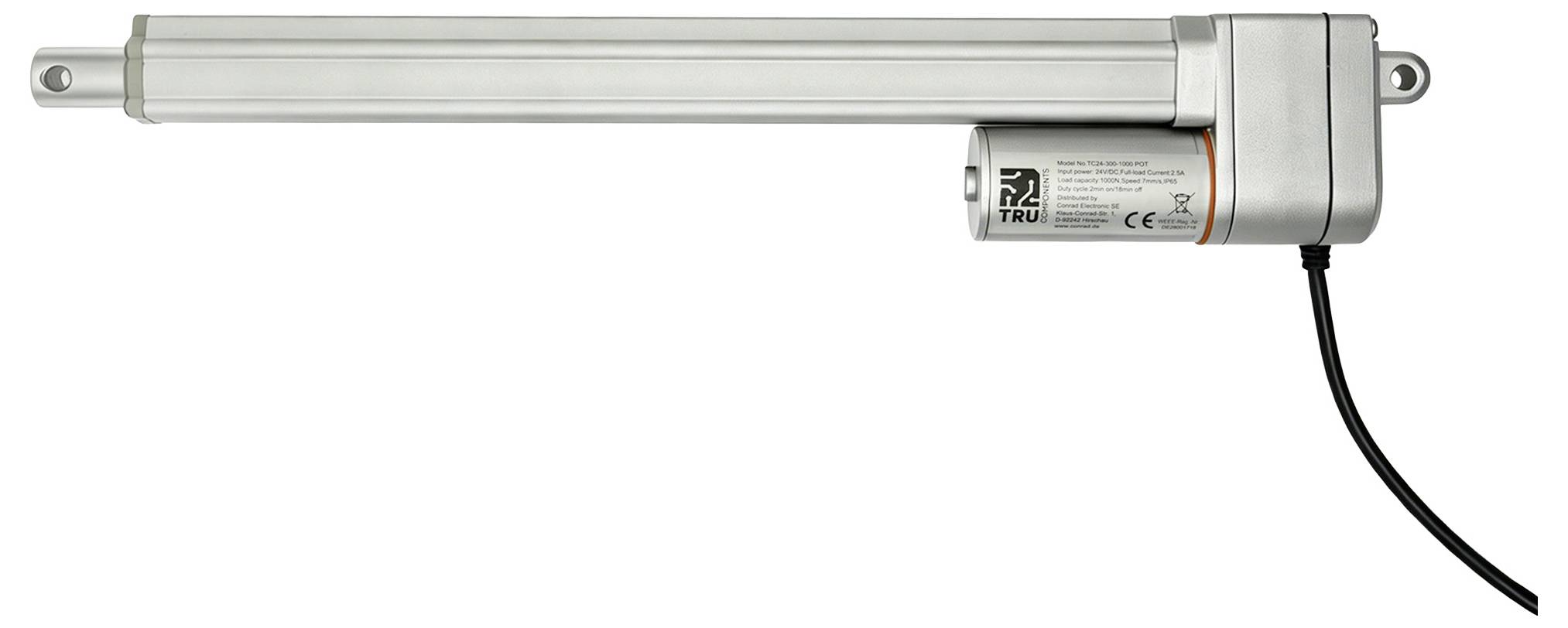 Lange zilveren lineaire actuator met aangesloten motor en zwarte voedingskabel, getoond in zijkant op een witte achtergrond.