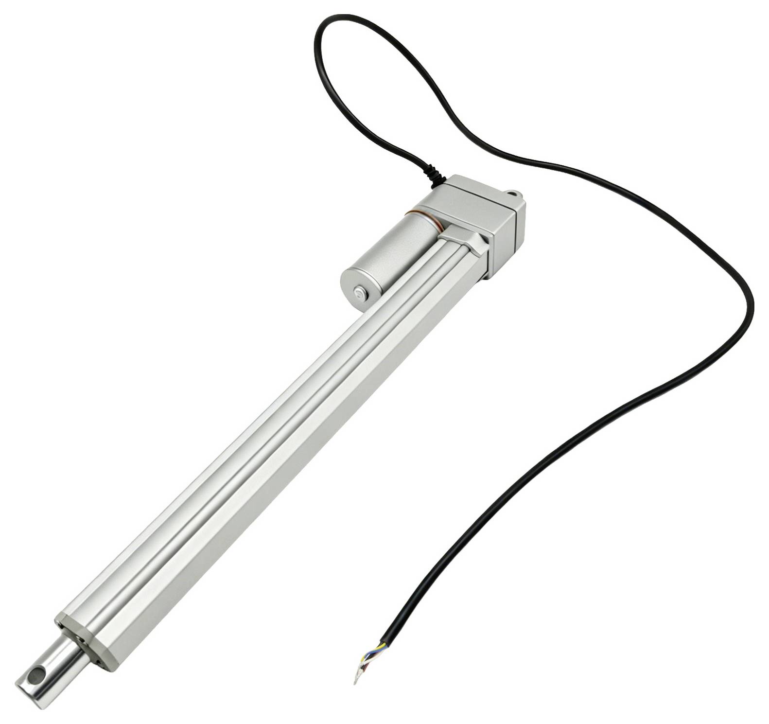 Elektrische lineaire actuator met een metalen behuizing, lange zilveren verlengingsbuis en zwarte stroomkabel op een witte achtergrond.