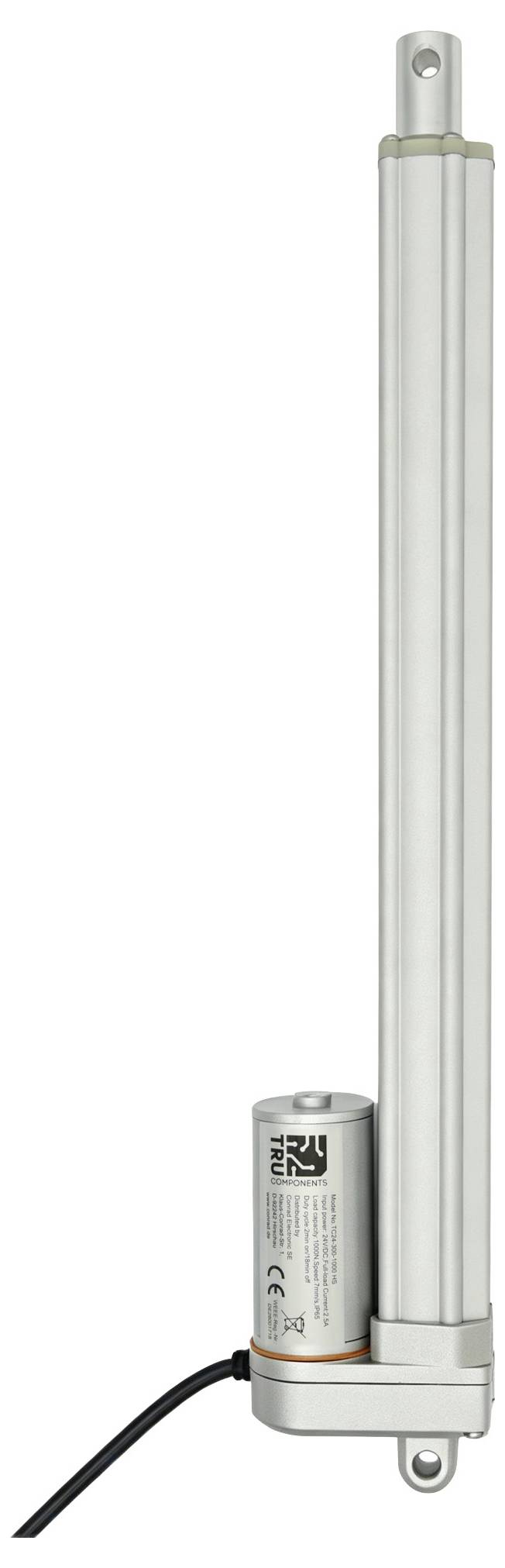 Een elektrische lineaire actuator met een zilveren behuizing, bevestigingsgaten aan beide uiteinden en een zwarte strooomkabel aangesloten aan de basis.