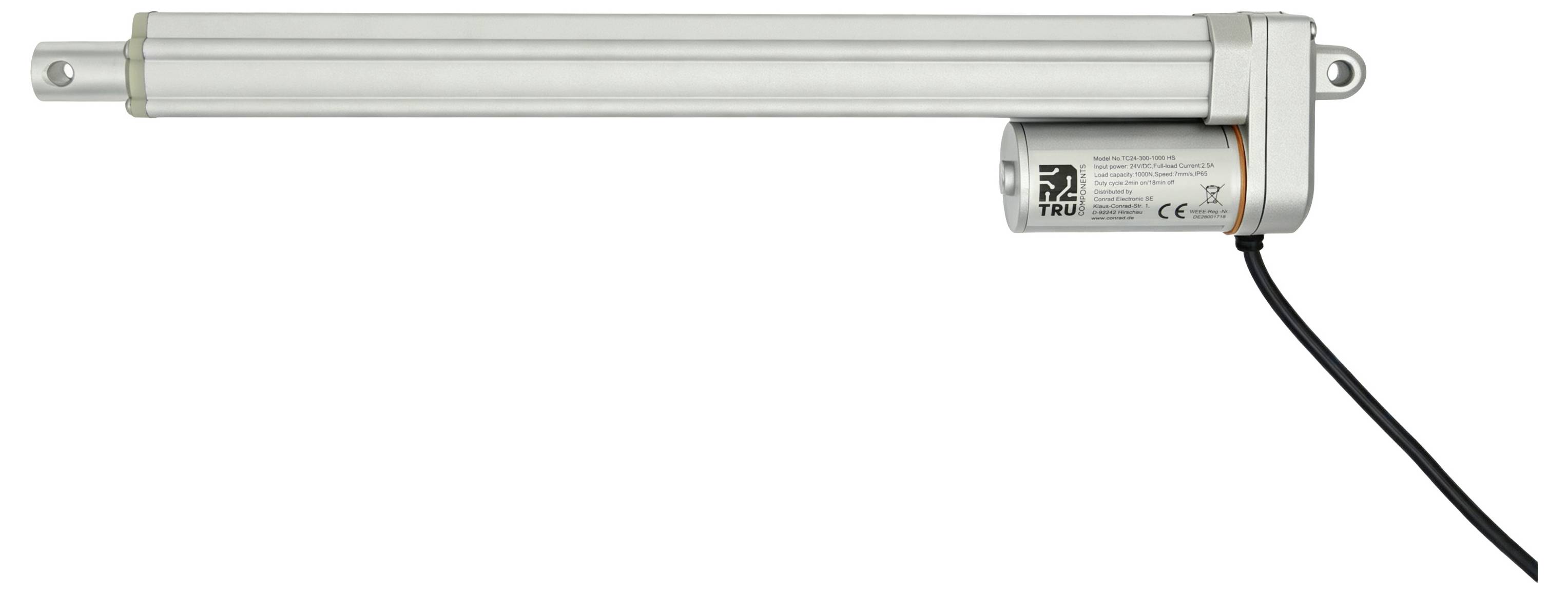 Elektrische lineaire actuator met verlengde zilveren zuiger en zwarte voedingskabel op een witte achtergrond.