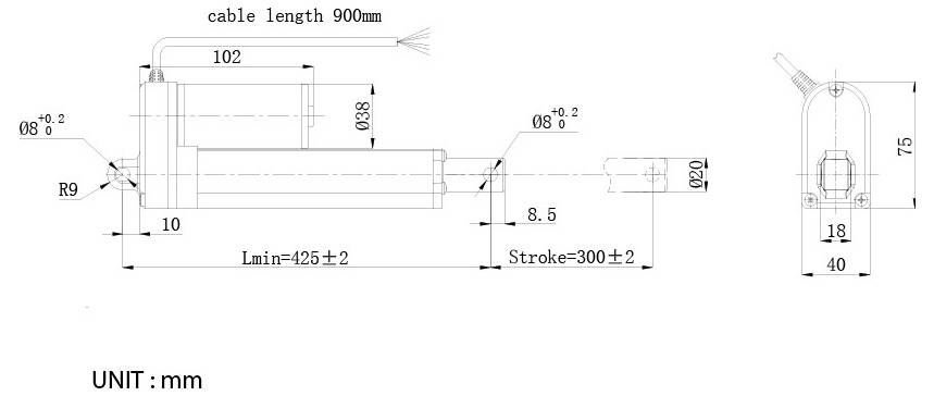 Technische tekening van een kabelaangedreven cilinder/actuator in millimeters, met afmetingen waaronder 102, Ø8, slag 300±2, Lmin 425±2, en kabellengte 900 mm.