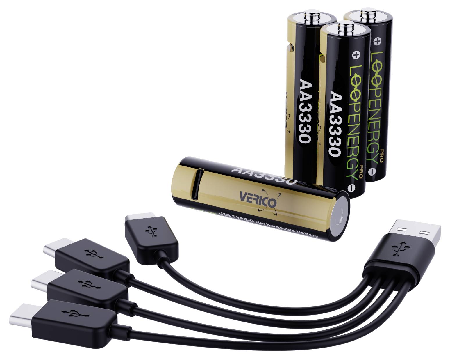 USB batterijlader met vier oplaadbare AA-batterijen en één AA-cel