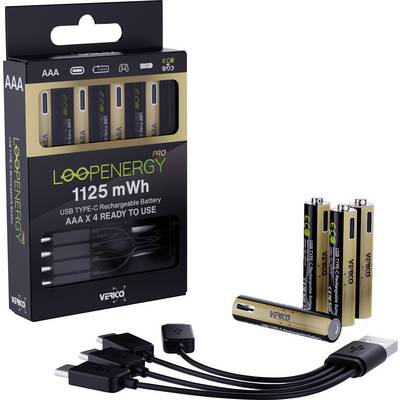 USB-C oplaadbare AAA-batterijkit: doos met label 'LOOPENERGY Pro 1125 mWh', vier AAA-batterijen, en een USB-oplaadkabel met meerdere batterijadapters.