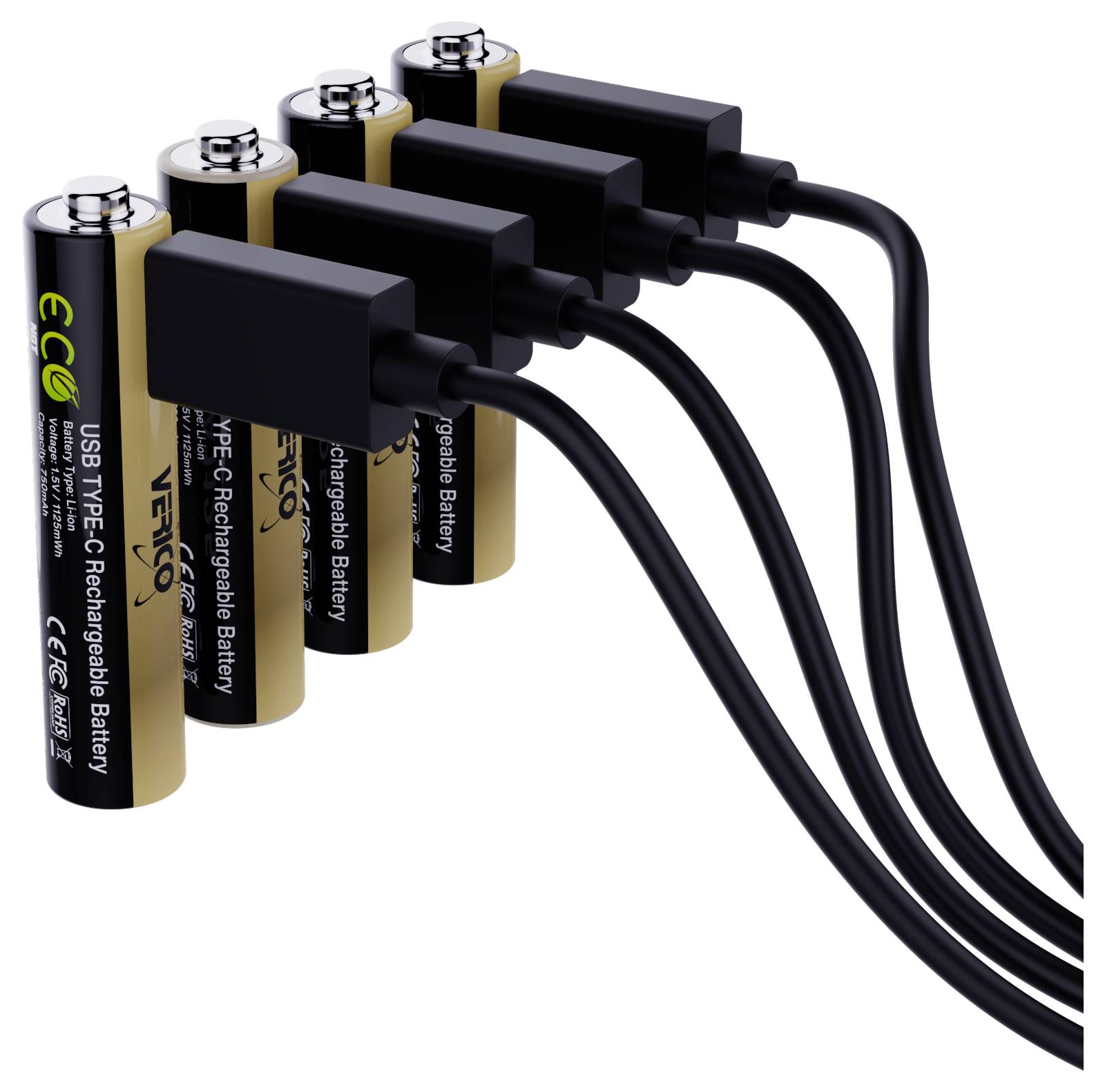 Vier USB-kabels aangesloten op een rij oplaadbare batterijen, ter illustratie van een multi-batterij-laadopstelling.