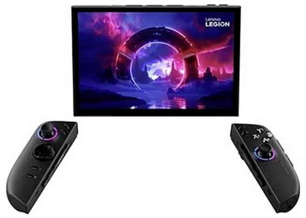 Lenovo Legion handheld gamingapparaat met bevestigde linker- en rechterbedieningstoetsen, weergegeven met een kleurrijk speldisplay op het scherm.