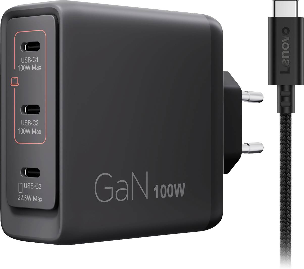 Zwarte GaN 100W wandlader met drie USB-C poorten gelabeld USB-C1 en USB-C2 100W max en USB-C3 22,5W max, afgebeeld met kabel
