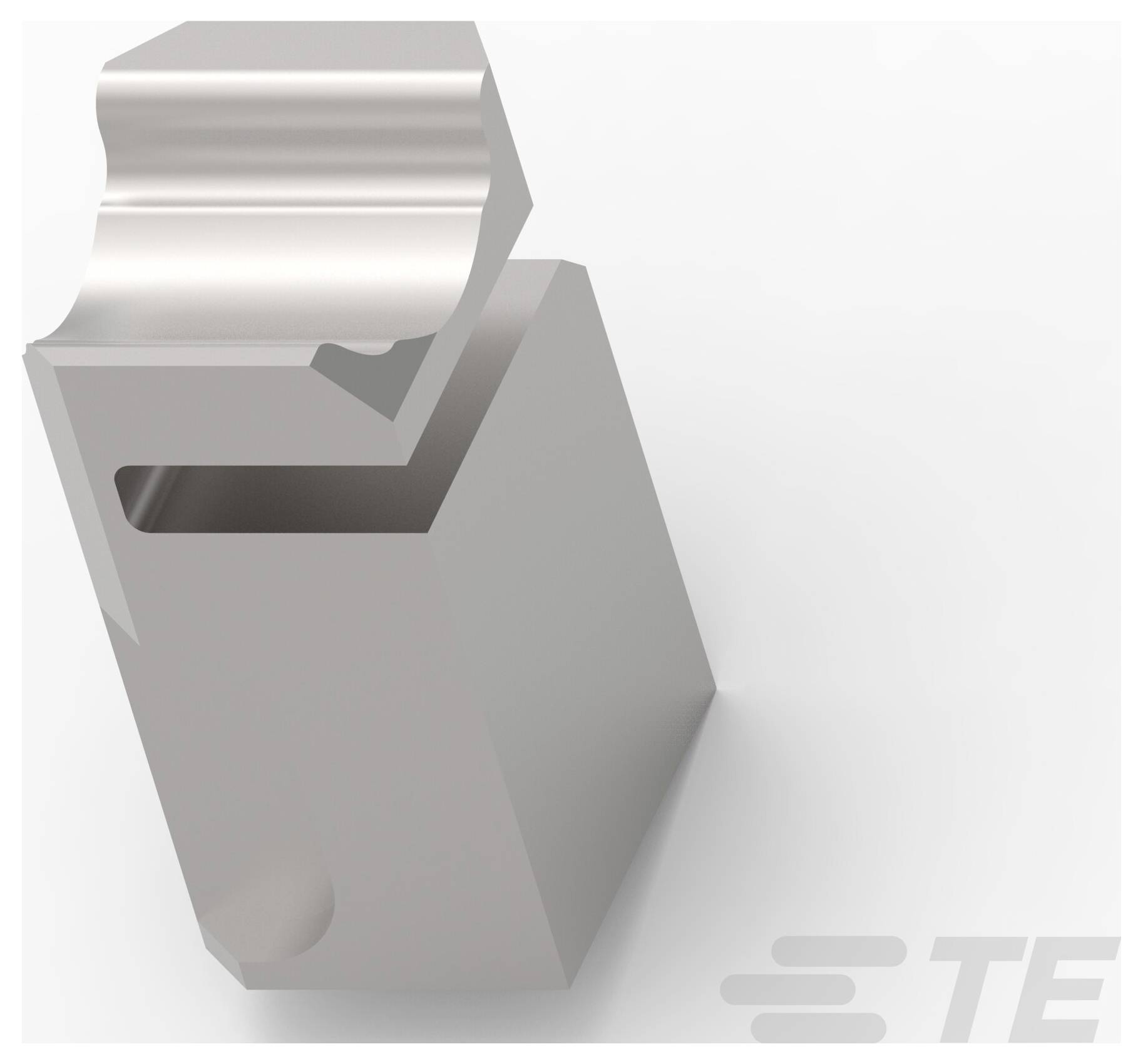 Metalen veerclip met een open bovensleuf, weergegeven in driekwartaanzicht op een eenvoudige lichte achtergrond.