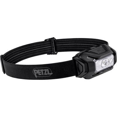 Zwarte PETZL-hoofdlamp met verstelbare elastische band, weergegeven op een witte achtergrond.