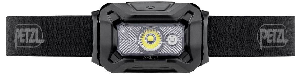 Zwarte PETZL-hoofdlamp met brede elastische band, frontaal gecentreerd gezicht op witte achtergrond.