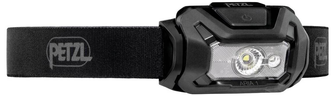 Zwarte Petzl-hoofdlamp met verstelbaar elastisch bandje, weergegeven in vooraanzicht op een witte achtergrond.