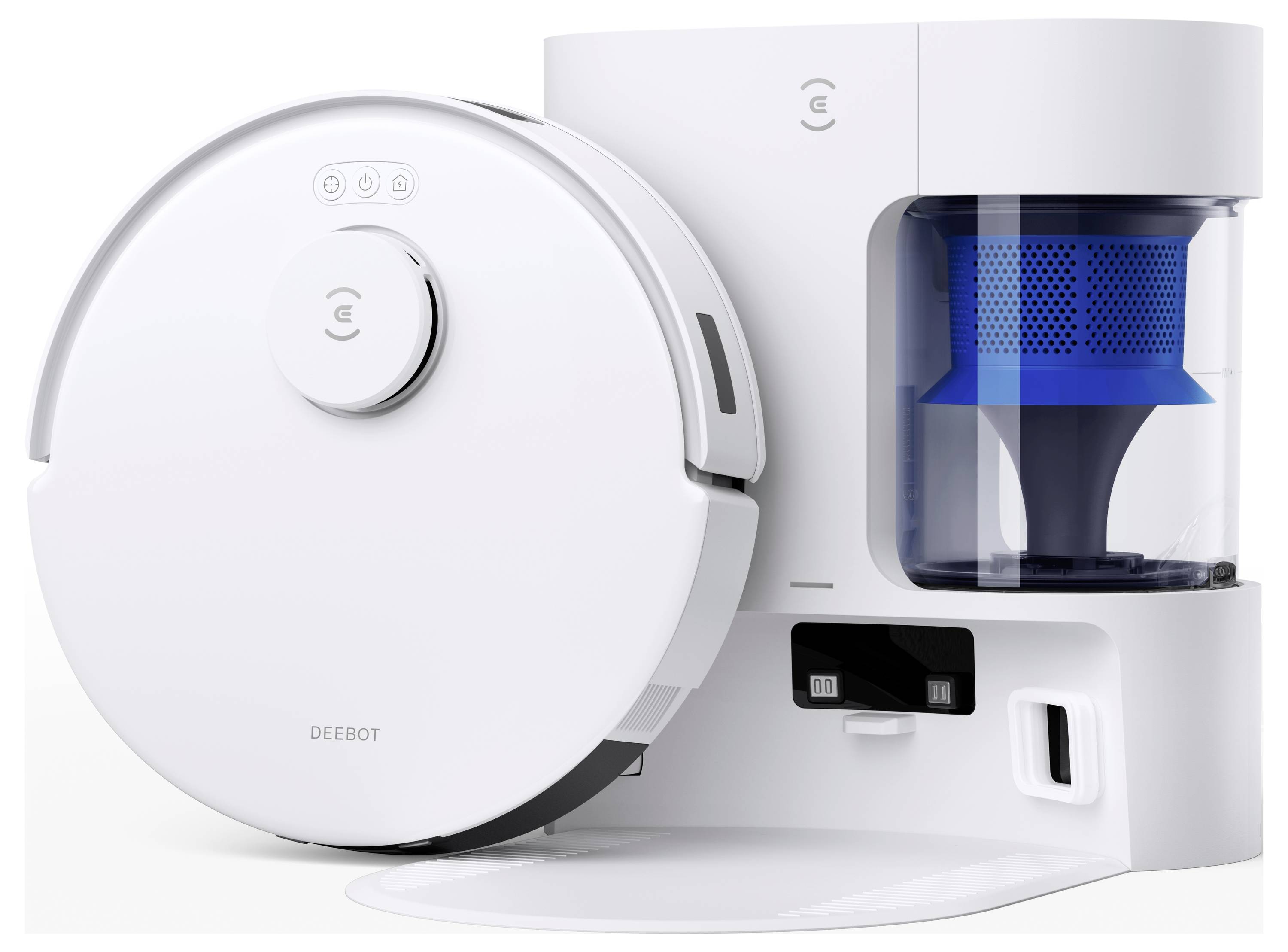Witte robotstofzuiger geplaatst naast een zelfleegmaakstation met een blauwe stofbak, weergegeven op een schone witte achtergrond.