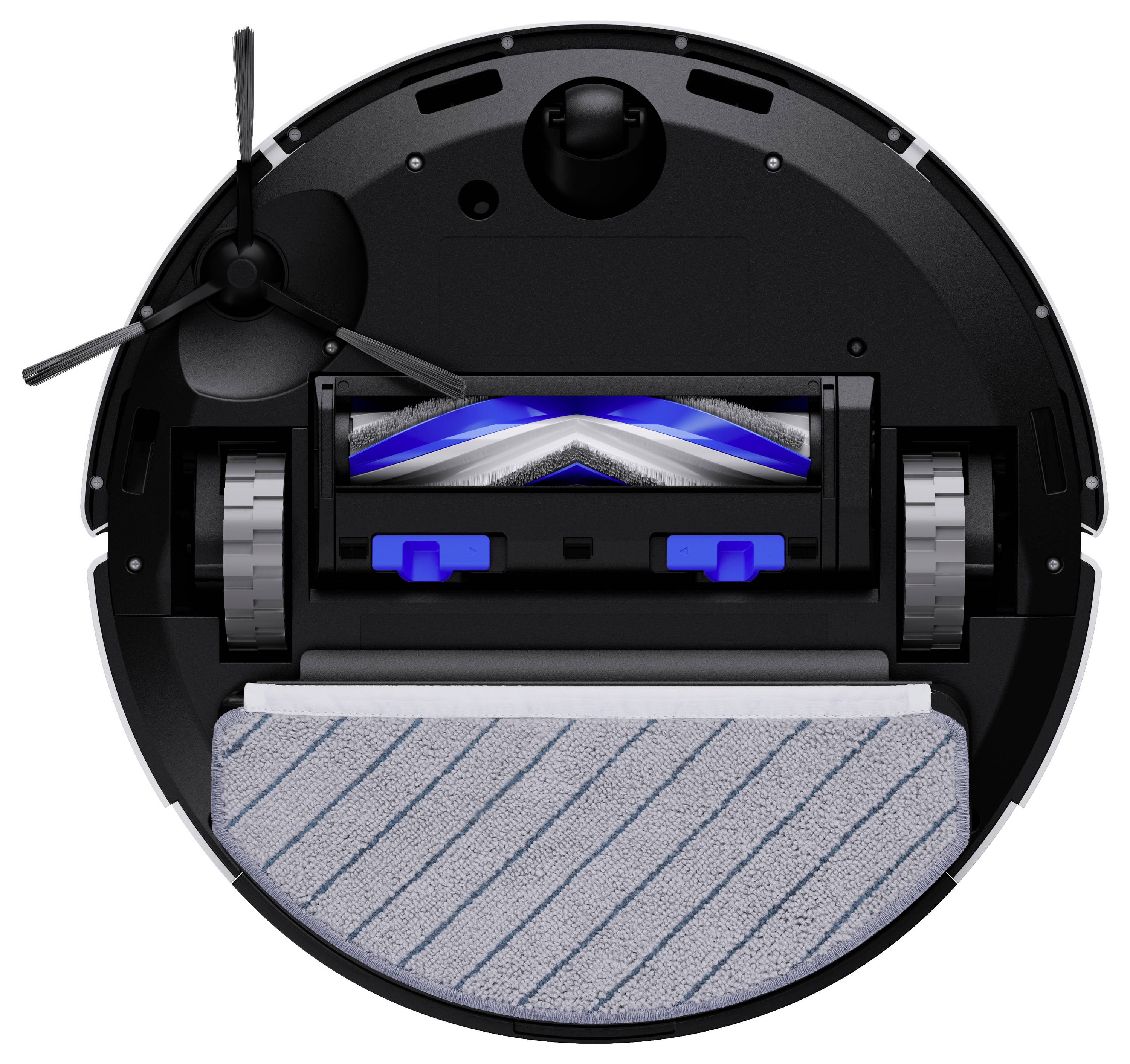 Doorsnede-aanzicht van een robotstofzuiger met de walsborstel, zijborstel, wielen en moppad eronder.