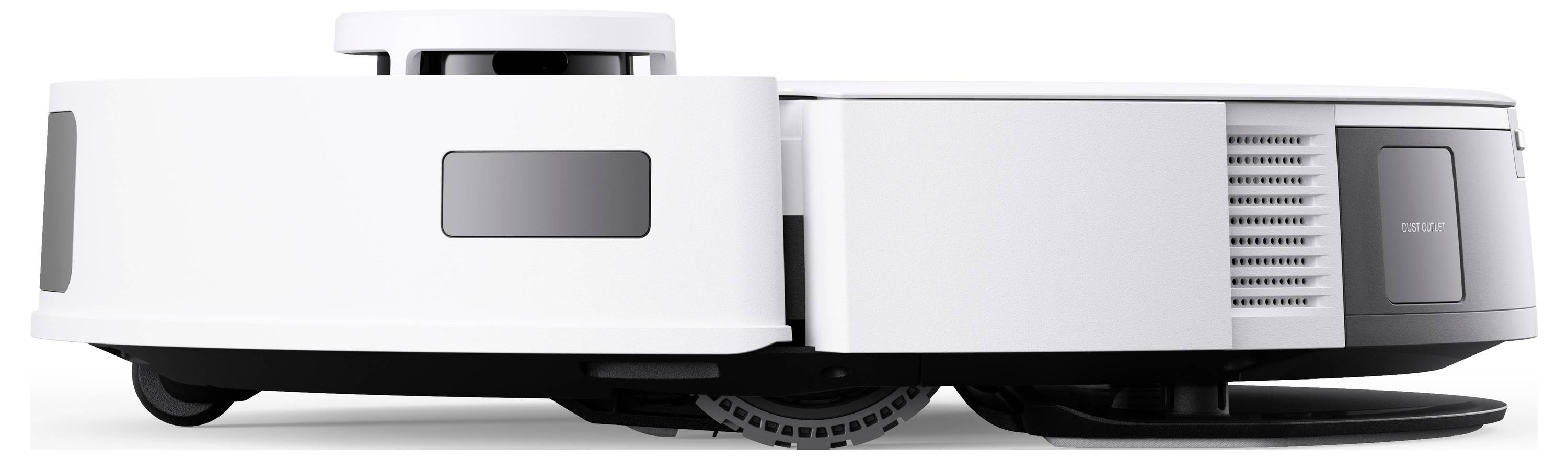 Zijaanzicht van een witte robotische stofzuiger met een laag profiel, voorsensor venster en zijventilatieopeningen.