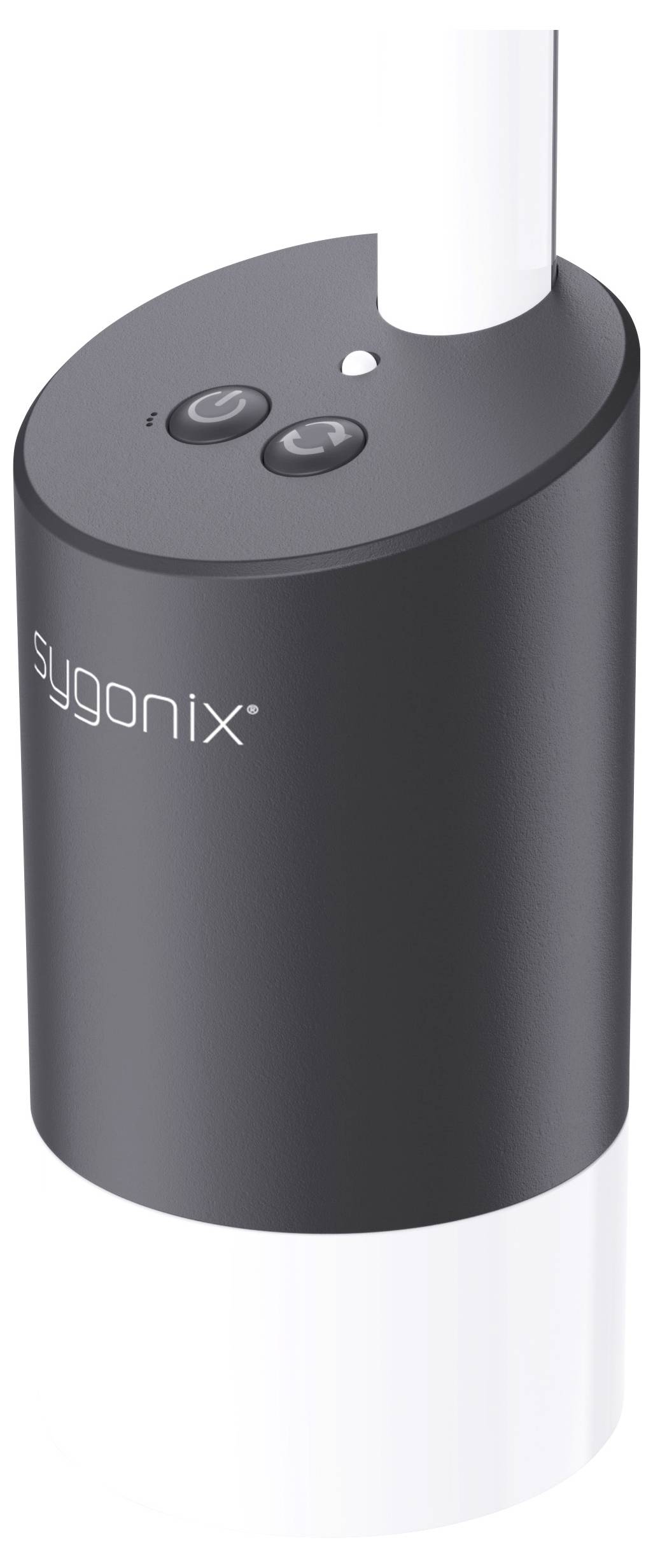 Close-up van een Sygonix cilindrisch zwart apparaat met twee knoppen en een klein indicatorlampje op de bovenkant, gemonteerd tegen een witte paal.