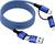 Blauwe gevlochten oplaadkabel met USB-A, USB-C en Lightning-aansluitingen op een witte achtergrond.