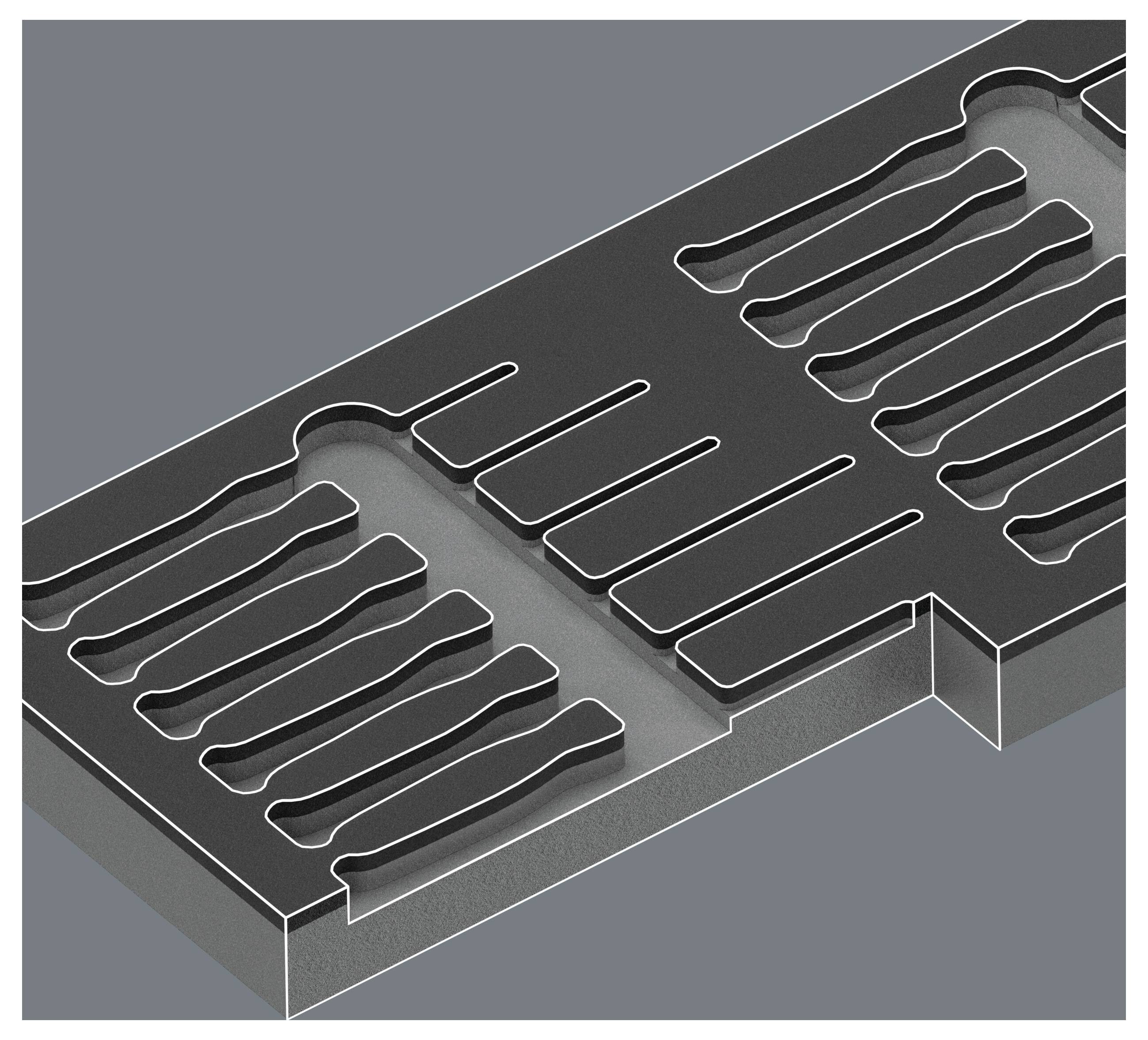 Isometrische doorsnede van een metalen blok met meerdere parallelle gebogen groeven en sleuven, die een interne gemaakte holte of vorm patroon tonen.