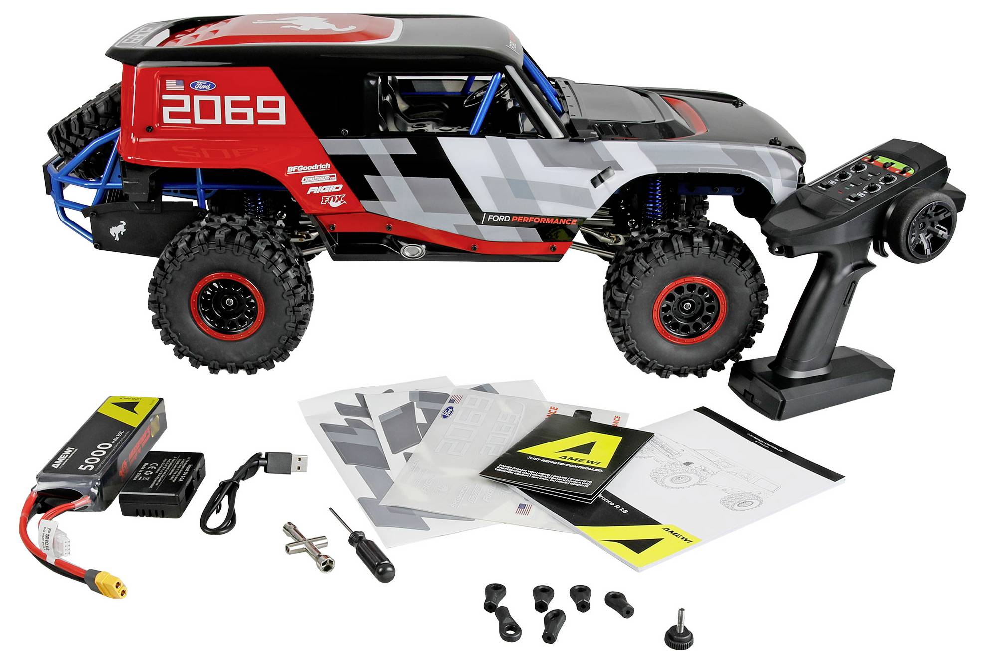 Afstandsbediend terreinwagen modelauto met handheld zender, batterij, oplader, handleiding en onderdelen inbegrepen.