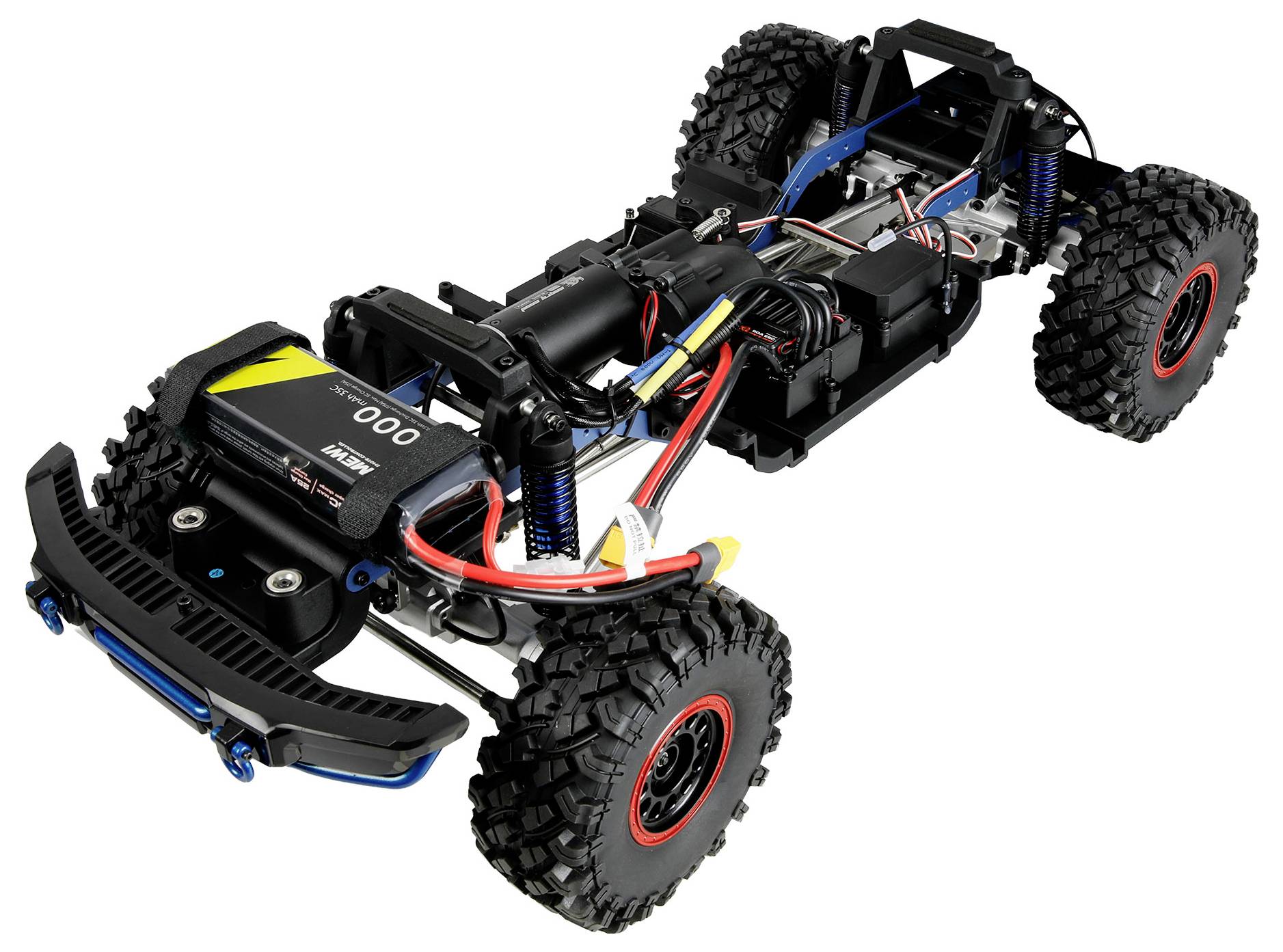 Afstandsbediend off-road vrachtwagenchassis met zichtbare batterij, bedrading en ophanging, afgebeeld op een witte achtergrond.