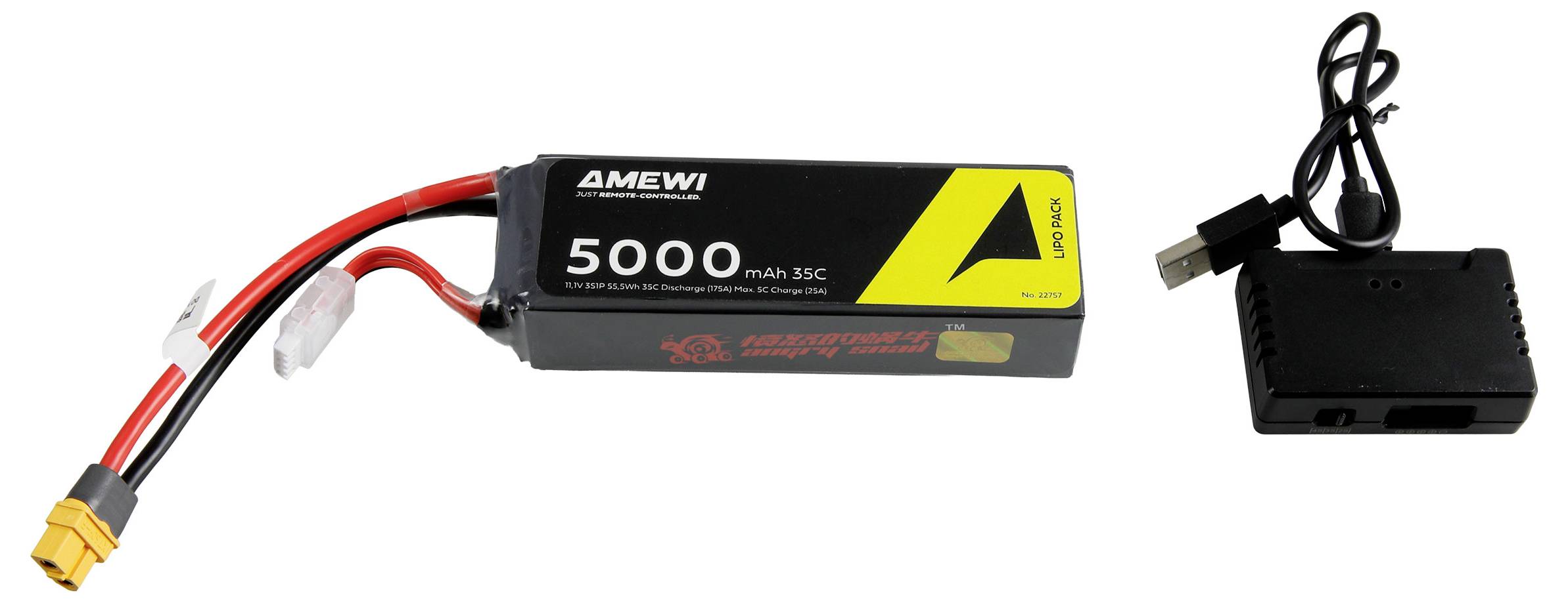 Zwarte LiPo-batterijpack van 5000 mAh met rode en zwarte aansluitingen en connector, weergegeven naast een klein laadapparaat met een opgerolde kabel.