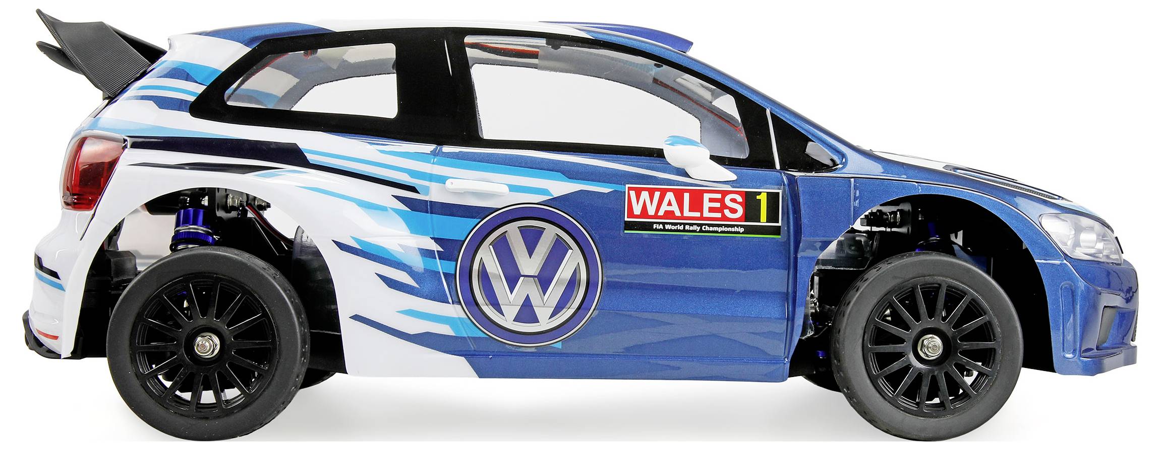 Blauw-en-witte Volkswagen rallyauto in zijaanzicht, met 'WALES 1' op de deur en racingdecals.