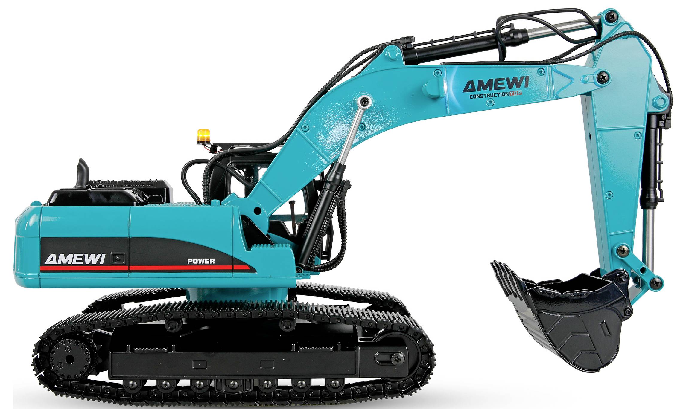 Zijkant van een turquoise AMEWI rupsbandgraafmachine speelgoed met zwarte emmerarm en rupsbanden op een witte achtergrond.