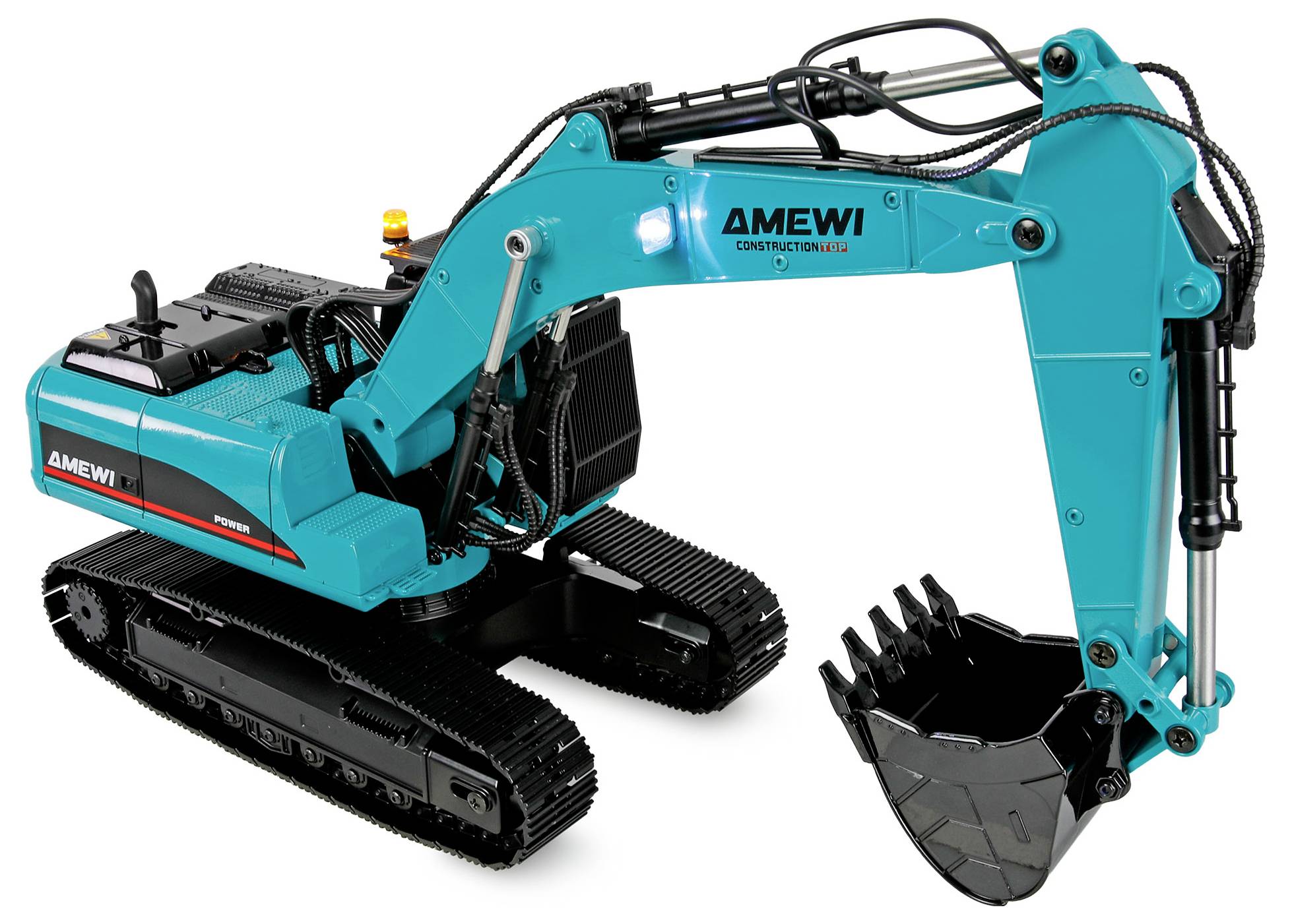 Turquoise AMEWI rupstrekker graafmachine speelgoed met zwarte emmer en rupsbanden, getoond op een witte achtergrond.