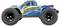 Blauwe terreinauto RC-truck met overmaatse banden en 'OFF-ROAD 4WD' sticker, weergegeven in zijaanzicht op een witte achtergrond.